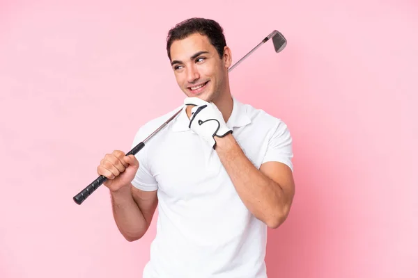 Young Golfer Player Man Isolated Pink Background Looking Side Smiling — 图库照片