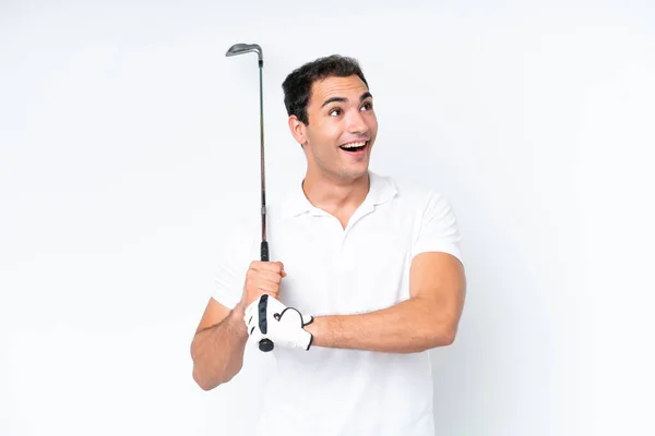 Young Caucasian Man Isolated White Background Playing Golf — 图库照片