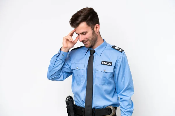 Молодой Кавказский Полицейский Белом Фоне Смеется — стоковое фото