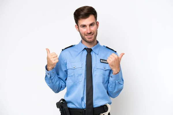 Young Police Caucasian Man Isolated White Background Thumbs Gesture Smiling — Stockfoto