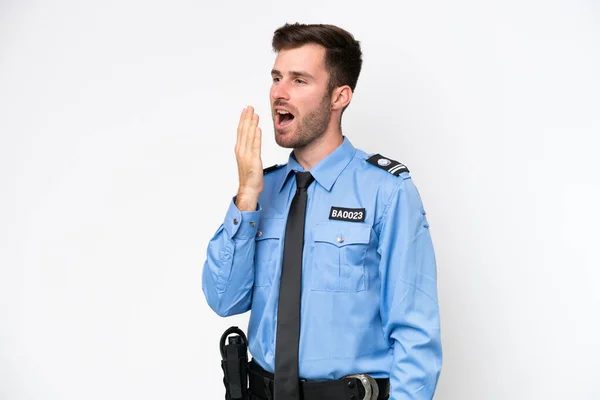 Young Police Caucasian Man Isolated White Background Yawning Covering Wide — Stockfoto