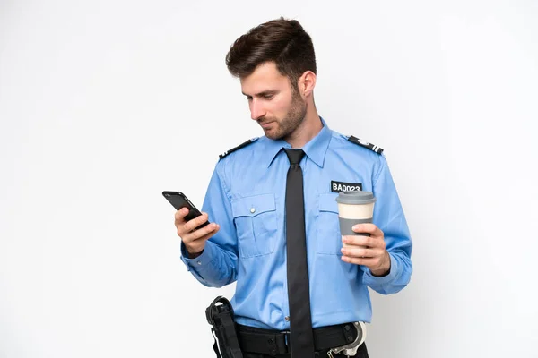 Young Police Caucasian Man Isolated White Background Holding Coffee Take — Zdjęcie stockowe