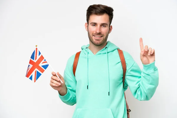 Jovem Estudante Caucasiano Segurando Uma Bandeira Reino Unido Isolado Fundo — Fotografia de Stock