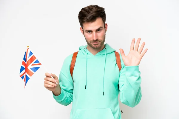 Ung Student Kaukasier Man Som Håller Brittisk Flagga Isolerad Vit — Stockfoto