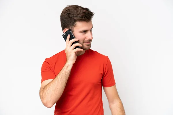 Young Caucasian Man Isolated White Background Keeping Conversation Mobile Phone — Stock Photo, Image