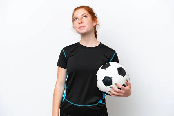 Young Caucasian Reddish Football Player Woman Isolated White Background Looking — Stock Photo, Image