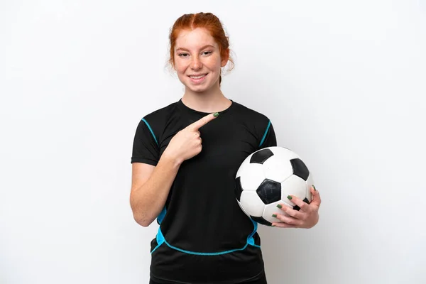 Young Caucasian Reddish Football Player Woman Isolated White Background Pointing — Stock Photo, Image