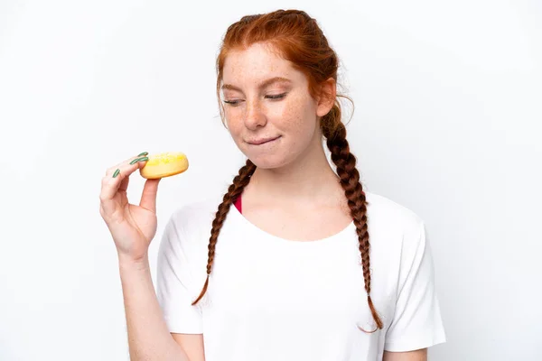 Young Reddish Woman Isolated White Background Holding Donut — Zdjęcie stockowe
