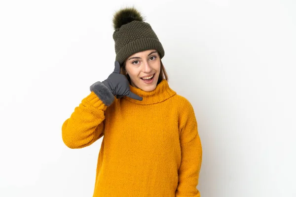 Giovane Ragazza Con Cappello Invernale Isolato Sfondo Bianco Fare Gesto — Foto Stock