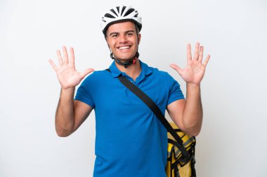 Young caucasian man with thermal backpack isolated on white background counting ten with fingers