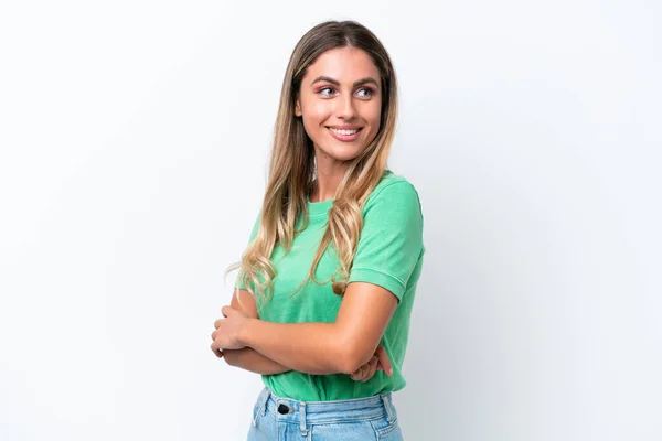 Jeune Femme Uruguayenne Isolée Sur Fond Blanc Regardant Vers Côté — Photo