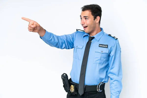 Young Police Caucasian Man Isolated White Background Pointing Away — 스톡 사진