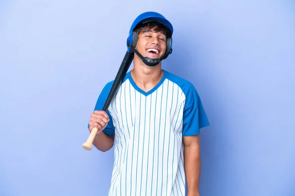 Baseball Caucasian Man Player Helmet Bat Isolated Blue Background Laughing —  Fotos de Stock