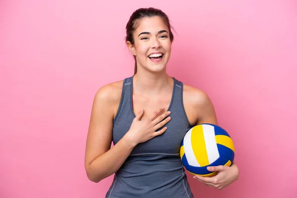 Young Brazilian Woman Playing Volleyball Isolated Pink Background Smiling Lot — Stockfoto
