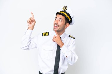 İzole edilmiş beyaz arka plan üzerinde uçak pilotu işaret parmağı harika bir fikir.