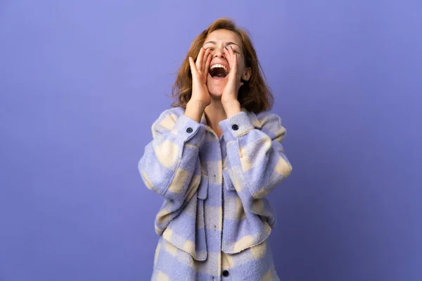 Young Georgian Woman Isolated Purple Background Shouting Announcing Something — Stock Photo, Image