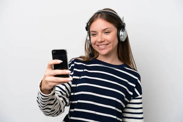 Telemarketer Caucasian Woman Working Headset Isolated White Background Making Selfie — Stock Photo, Image