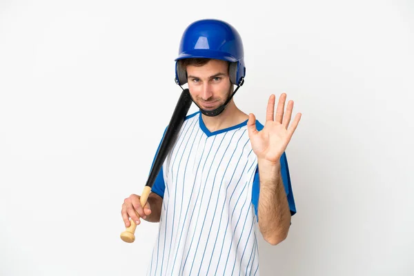 Young Caucasian Man Playing Baseball Isolated White Background Saluting Hand — Stock Photo, Image