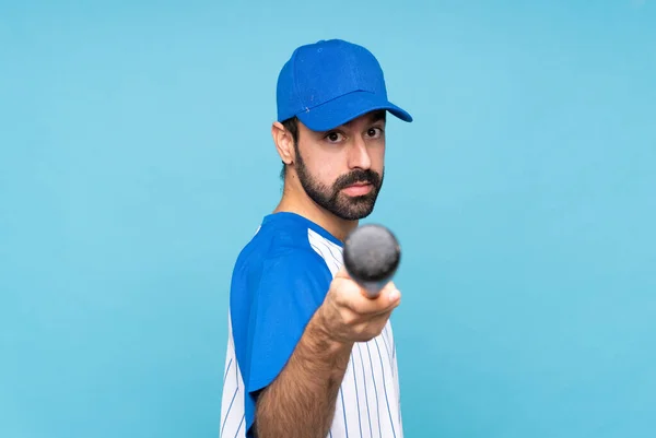 Young Man Playing Baseball Isolated Blue Background — Stock Photo, Image