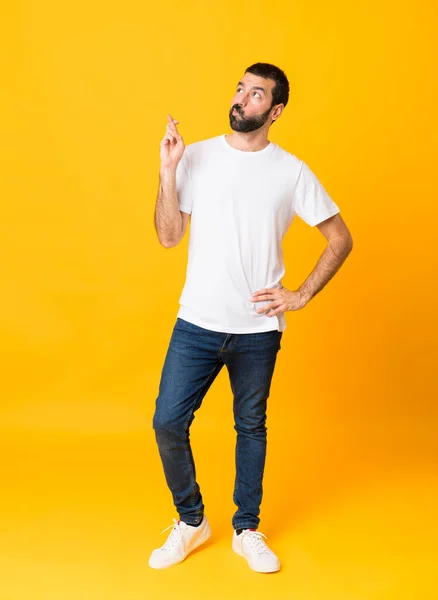 Full Length Shot Man Beard Isolated Yellow Background Fingers Crossing — Stock Photo, Image