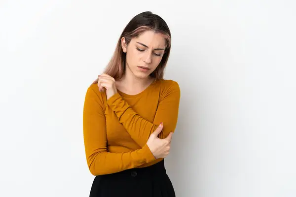 Young Caucasian Woman Isolated White Background Pain Elbow — Stock Photo, Image