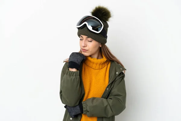白い背景に隔離されたスノーボードのメガネを持つスキー白人女性は疑問を持っている — ストック写真