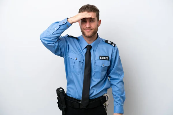 Young Police Caucasian Man Isolated White Background Looking Far Away —  Fotos de Stock