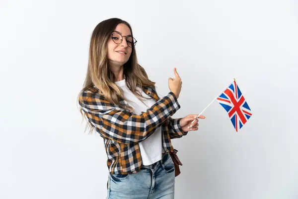 Jovem Romena Segurando Uma Bandeira Reino Unido Isolada Fundo Branco — Fotografia de Stock