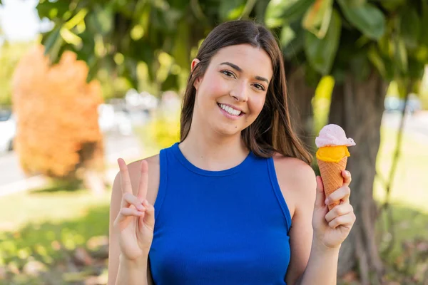 Young Pretty Brazilian Woman Cornet Ice Cream Outdoors Smiling Showing — Stock Photo, Image