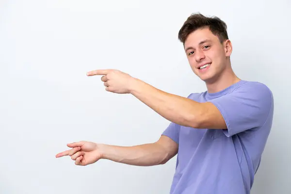 Young Handsome Brazilian Man Isolated White Background Pointing Finger Side — Stock Photo, Image