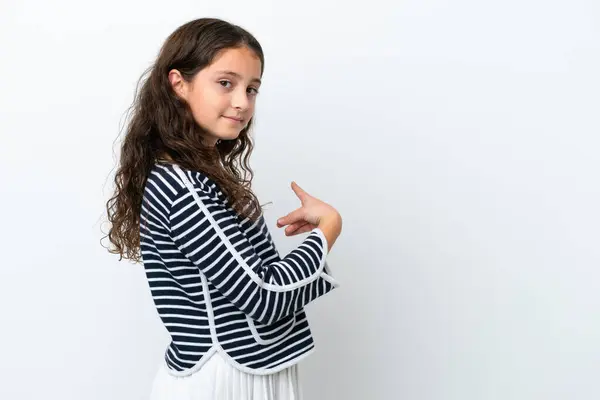 Little Caucasian Girl Isolated White Background Pointing Back — Stock Photo, Image
