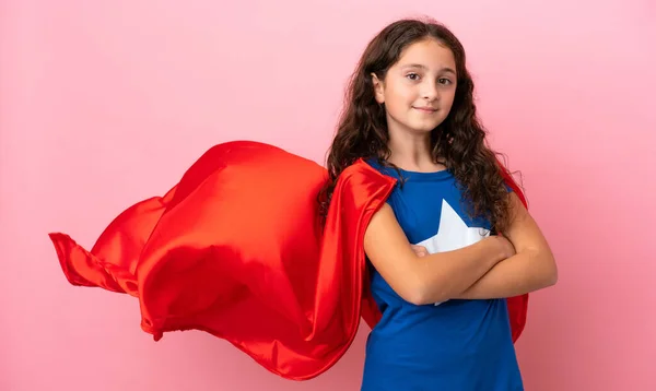 Little Caucasian Girl Isolated Pink Background Superhero Costume Arms Crossed — Stock Photo, Image