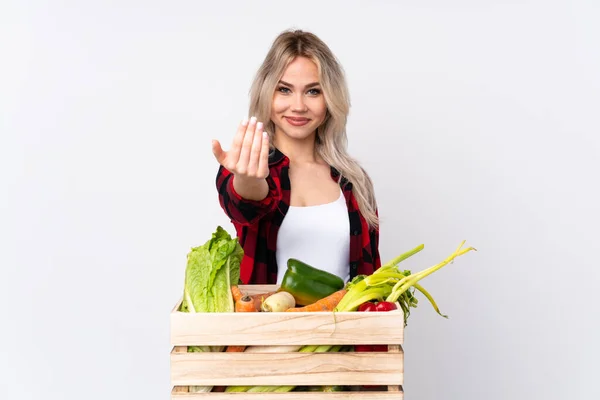 Farmer girl holding a basket full of fresh vegetables over isolated white background inviting to come with hand. Happy that you came