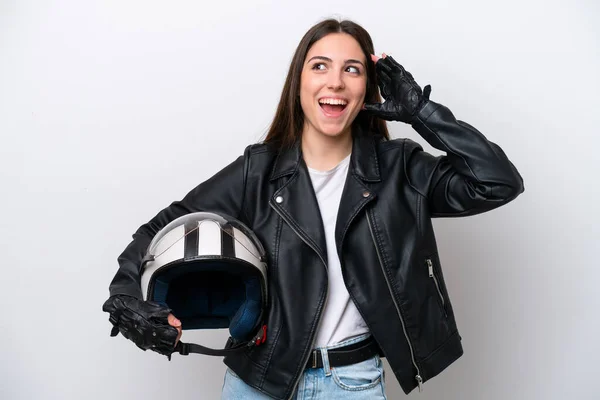 Jong Meisje Met Een Motorfiets Helm Geïsoleerd Witte Achtergrond Met — Stockfoto