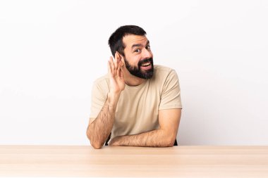 Masada sakallı beyaz bir adam elini kulağına koyup bir şeyler dinliyor..