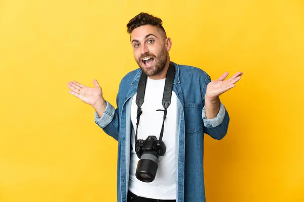 Photographer Man Isolated Yellow Background Shocked Facial Expression — Stock Photo, Image