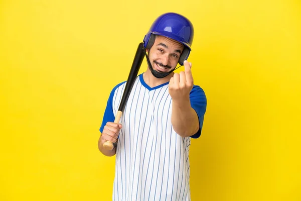 Young Caucasian Man Playing Baseball Isolated Yellow Background Making Money — Stock Photo, Image