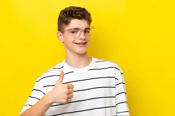 Teenager Russian Man Isolated Yellow Background Glasses Thumb — Stock Photo, Image