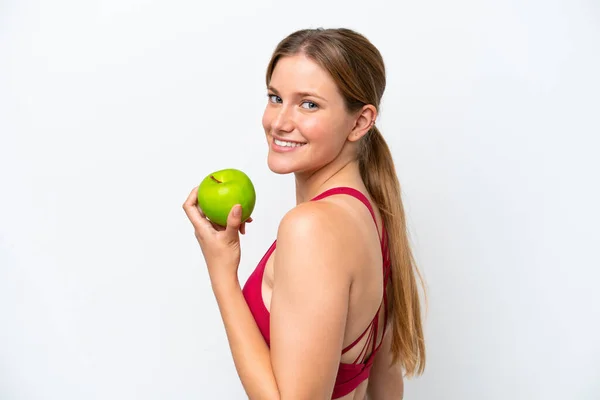 Young Pretty Blonde Woman Isolated White Background Eating Apple — Stock Photo, Image