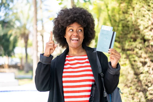African American Girl Holding Passport Outdoors Intending Realizes Solution While — Stock Photo, Image