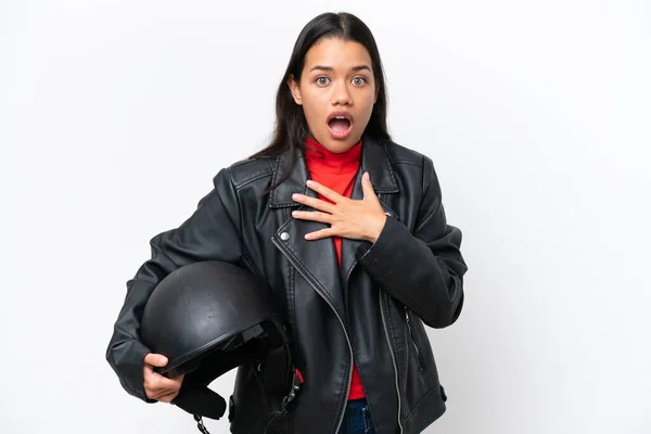 Young Pretty Woman Holding Motorcycle Helmet White Background — Stock Photo, Image