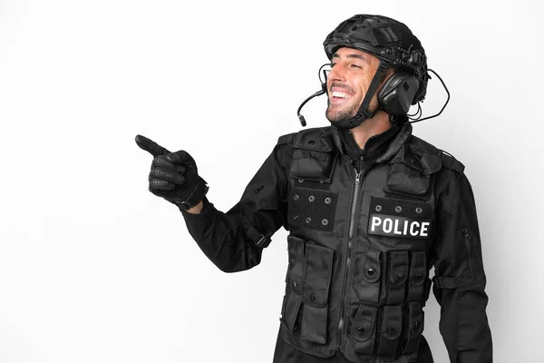 Swat Caucasian Man Isolated White Background Pointing Finger Side Presenting — Stock Photo, Image