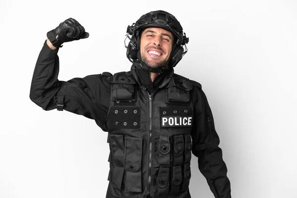 Swat Caucasian Man Isolated White Background Doing Strong Gesture — Stock Photo, Image