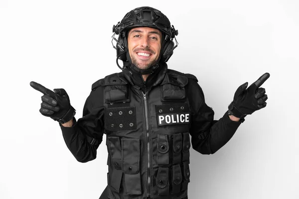 Swat Caucasian Man Isolated White Background Pointing Finger Laterals Happy — Stock Photo, Image