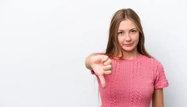 Jong Russisch Vrouw Geïsoleerd Witte Achtergrond Tonen Duim Naar Beneden — Stockfoto