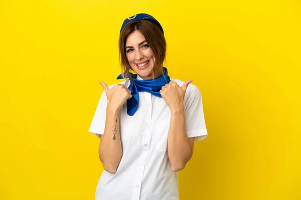 Airplane Stewardess Woman Isolated Yellow Background Thumbs Gesture Smiling — Stock Photo, Image