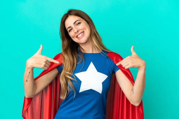 Super Hero Caucasian Woman Isolated Blue Background Proud Self Satisfied — Stock Photo, Image