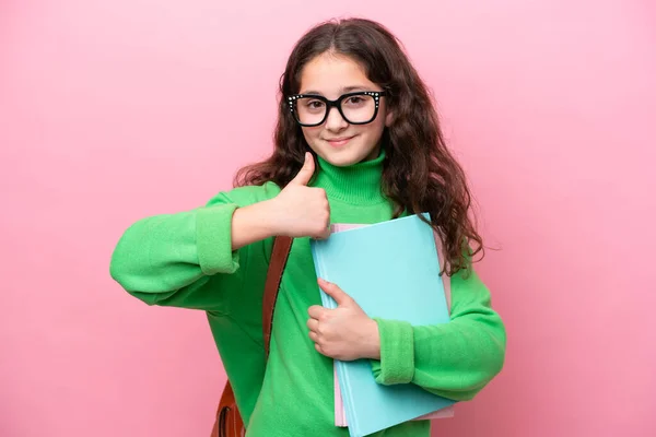 Little Student Girl Isolated Pink Background Thumbs Because Something Good — Stock Photo, Image
