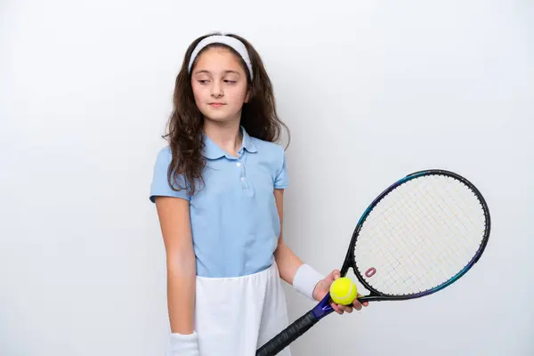 Klein Meisje Geïsoleerd Witte Achtergrond Spelen Tennis — Stockfoto