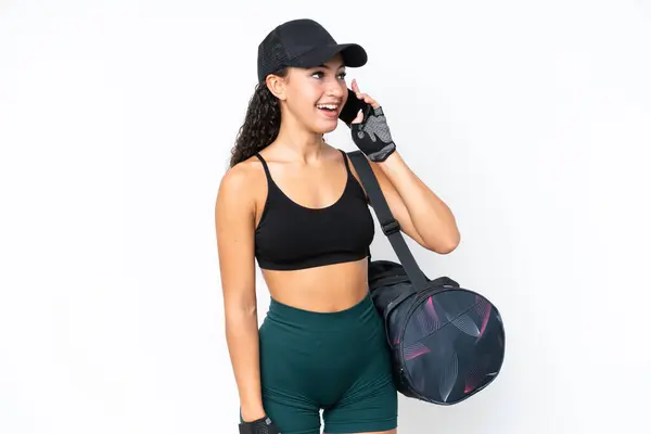 Young Sport Woman Sport Bag Isolated White Background Keeping Conversation — Foto Stock